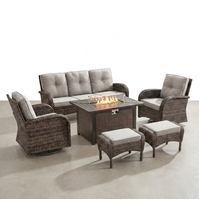 Outdoor Patio Furniture Set Built for Year-Round Use, Fire Pit Table, Rattan Wicker, Weather-Resistant Fabric