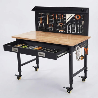 Adjustable Height Workbench Built to Support Heavy Projects, 2000 LB Capacity, Power Outlets, Large Pegboard