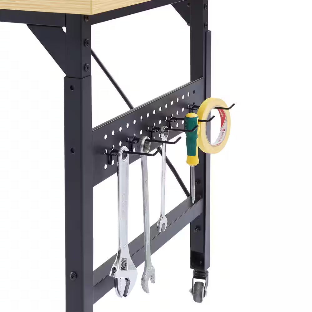 24 In. W Adjustable Workbench, Heavy Duty Wood Desktop Workbench with Wheels, Rolling Workbench with USB Outlet, Hooks