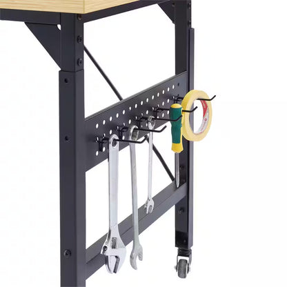 24 In. W Adjustable Workbench, Heavy Duty Wood Desktop Workbench with Wheels, Rolling Workbench with USB Outlet, Hooks