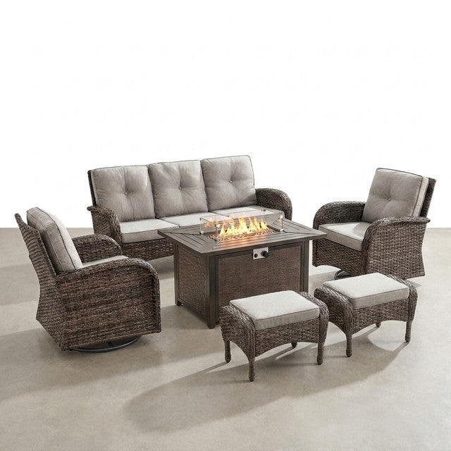 7 Piece Outdoor Patio Furniture Set, Patio Furniture Set with Fire Pit Table Rattan Wicker Patio Furniture Set, Brown Wicker & Beige Cushion — Studio Shot