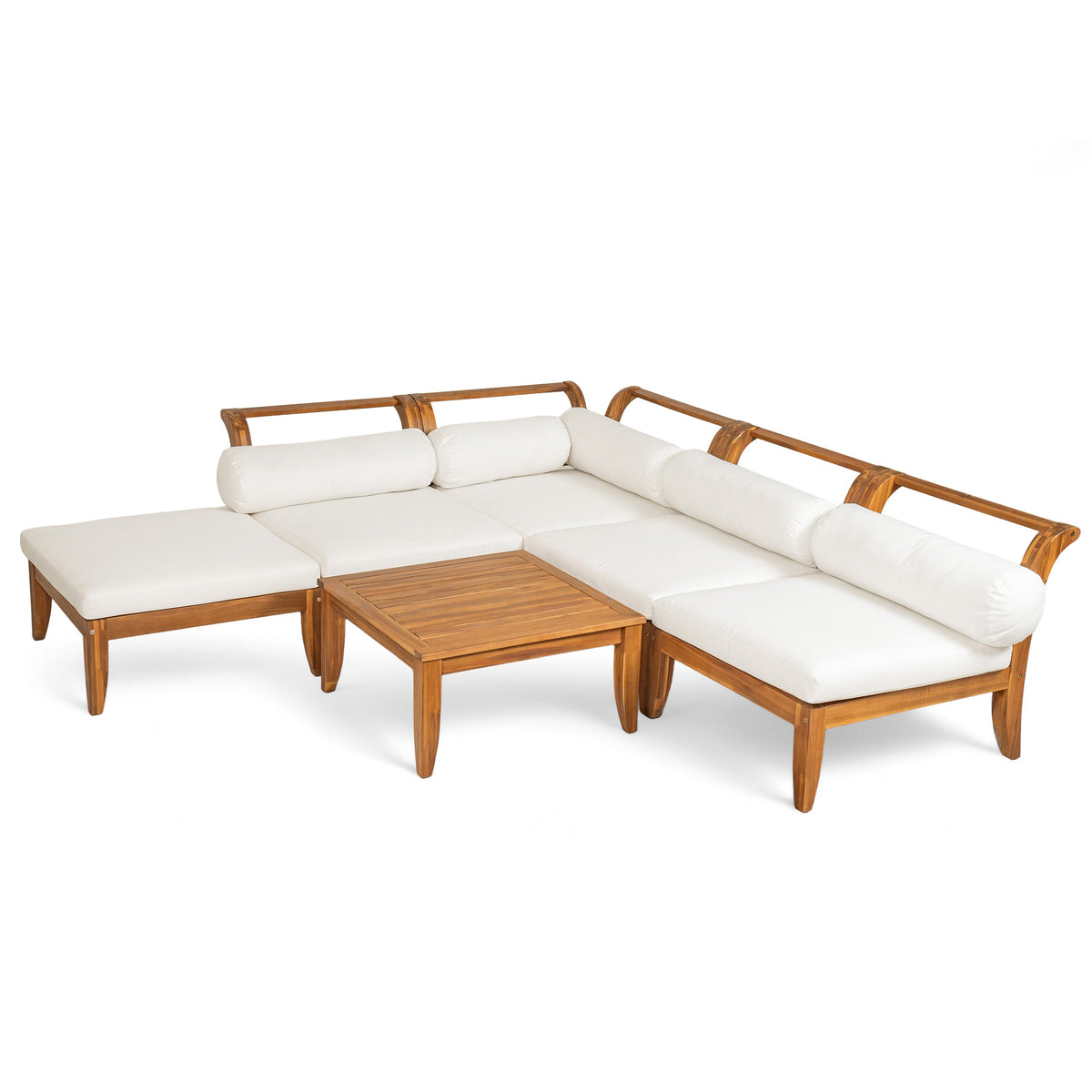 6 Piece Acacia Wood Outdoor Modular Sectional with Daybed and Tea Table