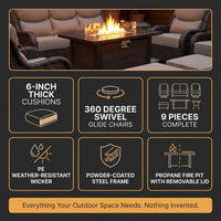 9-Piece Outdoor Patio Furniture Set with Fire Pit Table,Swivel Chairs and 6" Thick Cushions,Sectional Sofa and Ottomans,Patio Conversation Set for Porch Deck Garden Backyard — Results & Stats
