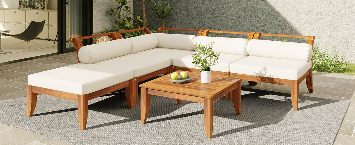 6 Piece Acacia Wood Outdoor Modular Sectional with Daybed and Tea Table