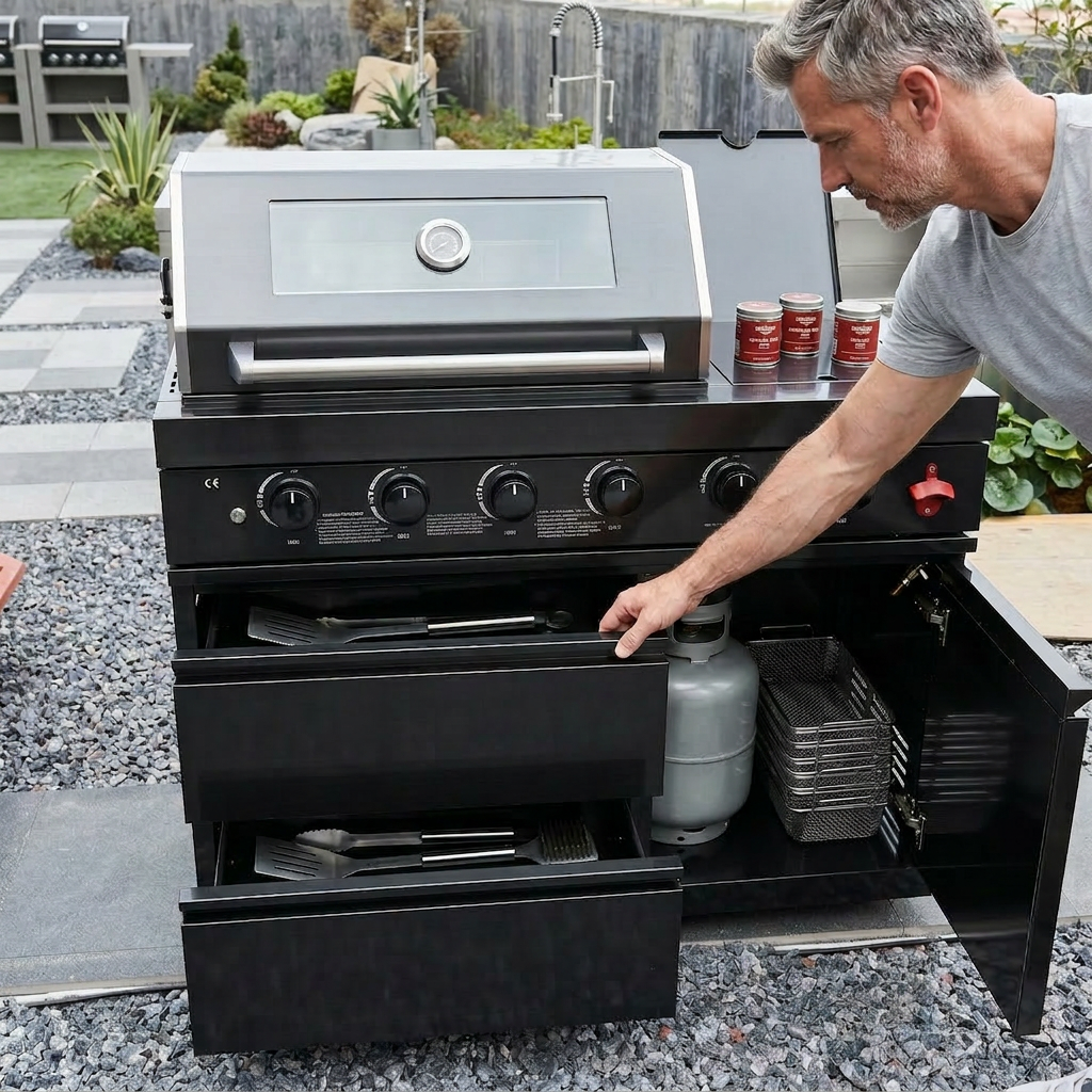 46-Inch Stainless Steel Outdoor BBQ Grill with Soft-Close Drawers - Black