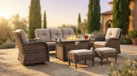 7 Piece Outdoor Patio Furniture Set, Patio Furniture Set with Fire Pit Table Rattan Wicker Patio Furniture Set, Brown Wicker & Beige Cushion — Lifestyle