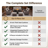 9-Piece Outdoor Patio Furniture Set with Fire Pit Table,Swivel Chairs and 6" Thick Cushions,Sectional Sofa and Ottomans,Patio Conversation Set for Porch Deck Garden Backyard — Comparison