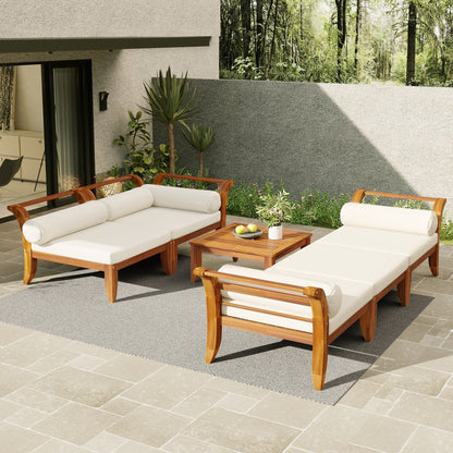 6 Piece Acacia Wood Outdoor Modular Sectional with Daybed and Tea Table