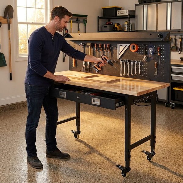 Adjustable Height Workbench Built for Heavy-Duty Projects, 60 Inch Surface, 2000 LB Capacity, Power Outlets