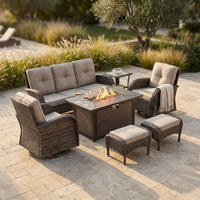 7 Piece Outdoor Patio Furniture Set, Patio Furniture Set with Fire Pit Table Rattan Wicker Patio Furniture Set, Brown Wicker & Beige Cushion — Studio Shot