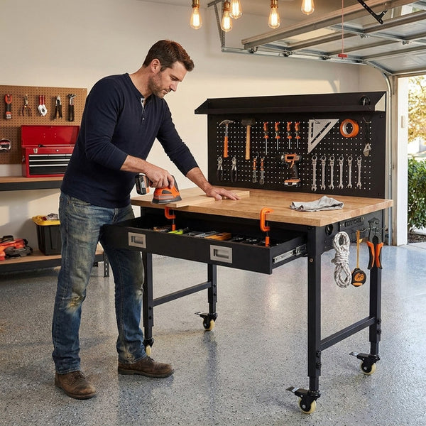 Adjustable Height Workbench Built to Support Heavy Projects, 2000 LB Capacity, Power Outlets, Large Pegboard