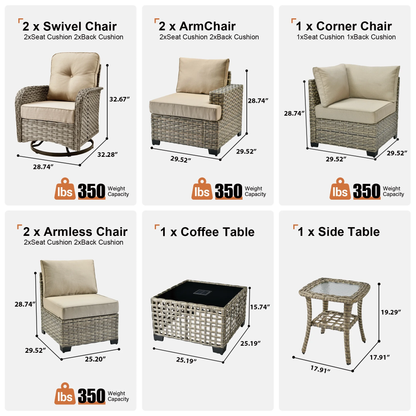 9 Pieces Patio Furniture Set outside Furniture Wicker Patio Conversation Set with Swivel Chairs, Outdoor Furniture for Garden, Beige
