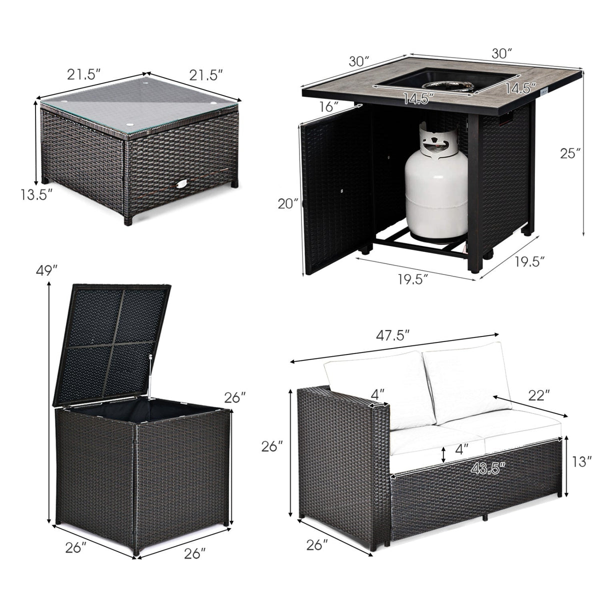 5-Piece Patio Furniture Set with 30 Inches Gas Fire Pit Table Outdoor PE Wicker Sofa Set