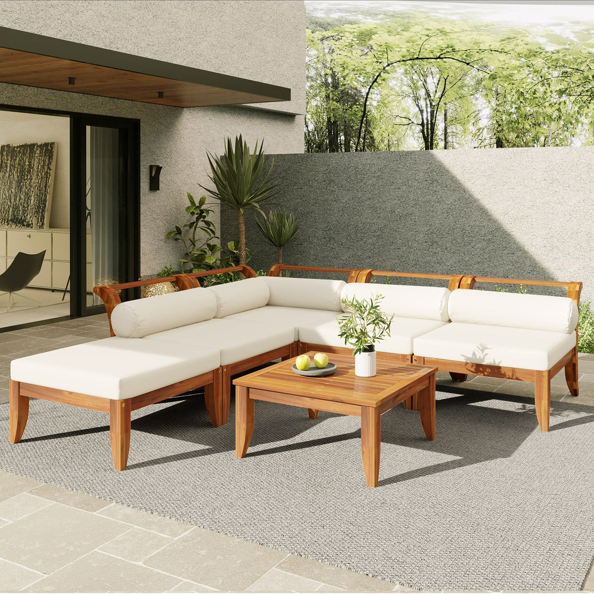 6 Piece Acacia Wood Outdoor Modular Sectional with Daybed and Tea Table