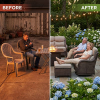 9-Piece Outdoor Patio Furniture Set with Fire Pit Table,Swivel Chairs and 6" Thick Cushions,Sectional Sofa and Ottomans,Patio Conversation Set for Porch Deck Garden Backyard — Before & After