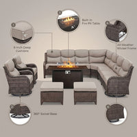 Outdoor Patio Furniture Set Built to Last, Fire Pit Table, Swivel Chairs, 6-Inch Thick Cushions — infographic