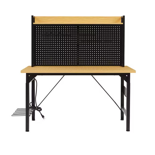 24 In. W Adjustable Workbench, Heavy Duty Wood Desktop Workbench with Wheels, Rolling Workbench with USB Outlet, Hooks