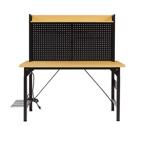 24 In. W Adjustable Workbench, Heavy Duty Wood Desktop Workbench with Wheels, Rolling Workbench with USB Outlet, Hooks