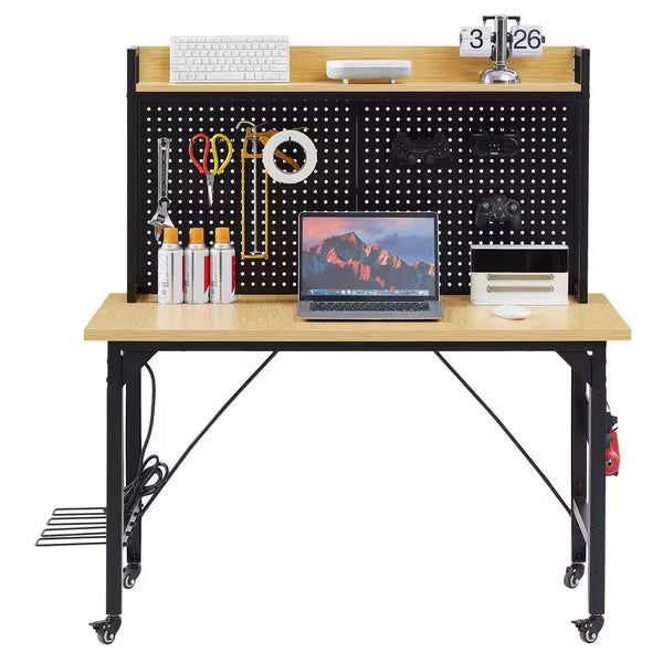 24 In. W Adjustable Workbench, Heavy Duty Wood Desktop Workbench with Wheels, Rolling Workbench with USB Outlet, Hooks