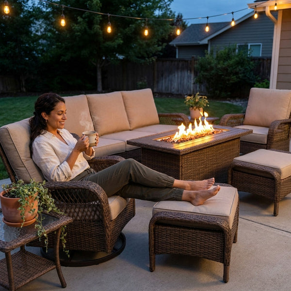 Outdoor Patio Furniture Set Built for Year-Round Use, Fire Pit Table, Rattan Wicker, Weather-Resistant Fabric