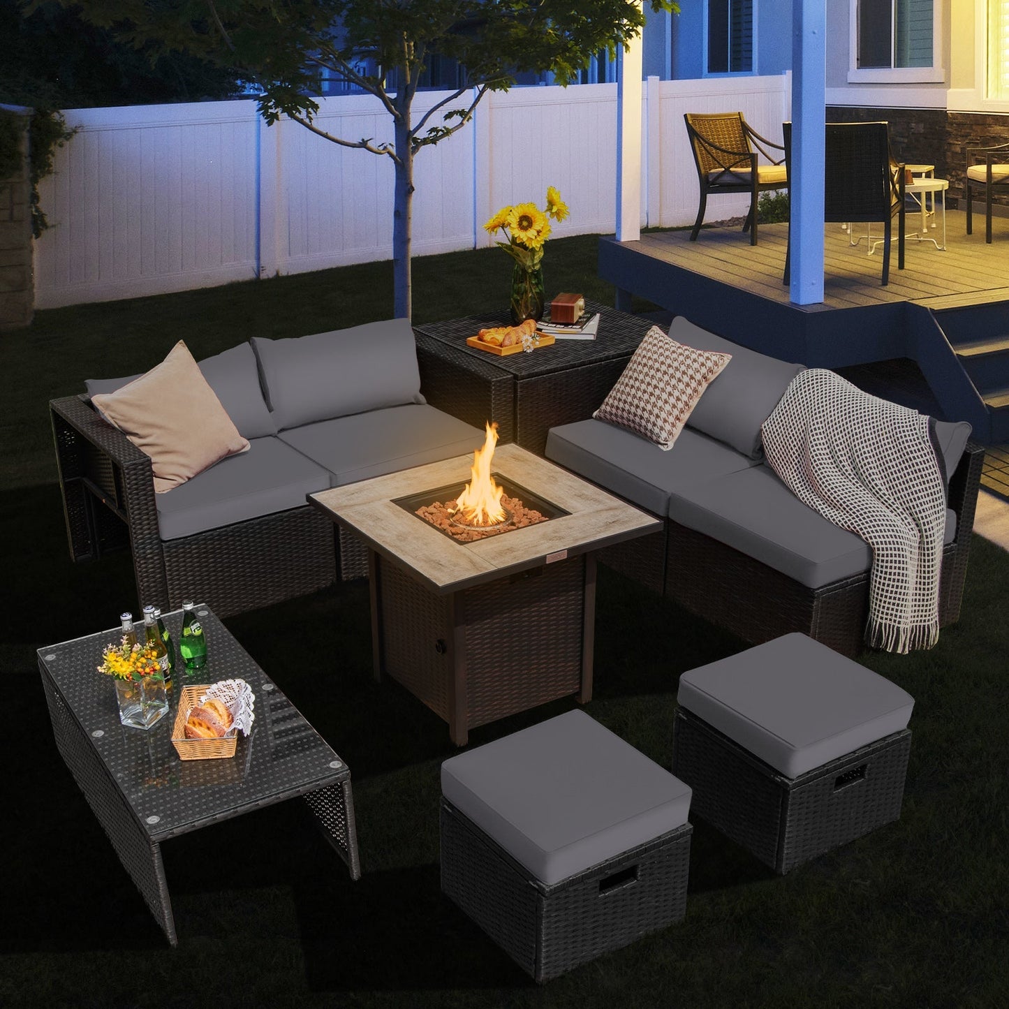 9 Pieces Outdoor PE Rattan Wicker Sectional Sofa with 42 Inch Gas Fire Pit Table