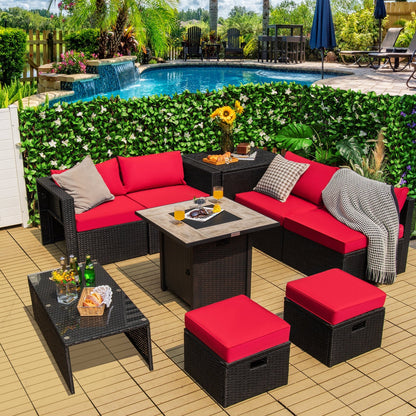 9 Pieces Outdoor PE Rattan Wicker Sectional Sofa with 42 Inch Gas Fire Pit Table