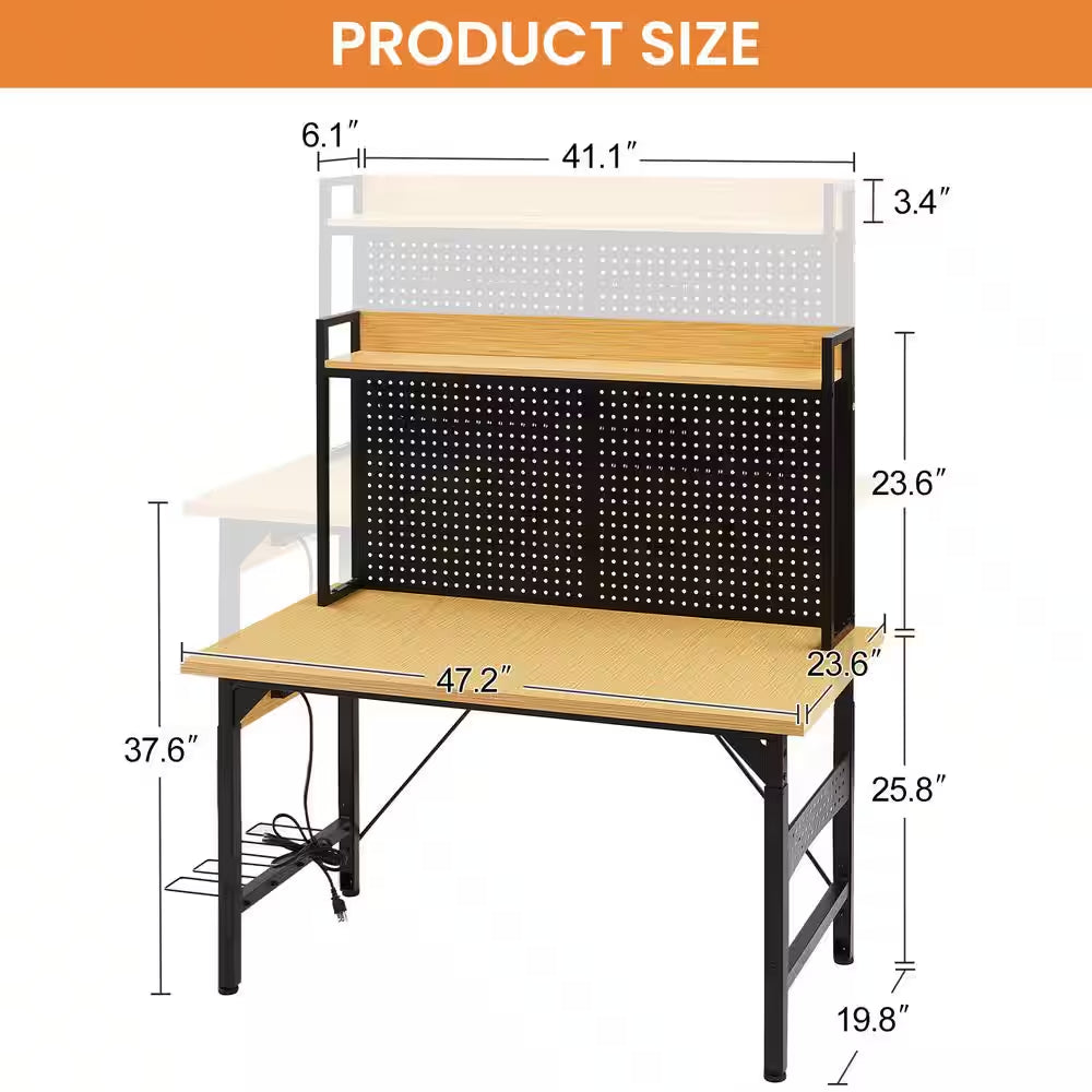 24 In. W Adjustable Workbench, Heavy Duty Wood Desktop Workbench with Wheels, Rolling Workbench with USB Outlet, Hooks
