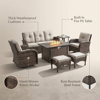 7 Piece Outdoor Patio Furniture Set, Patio Furniture Set with Fire Pit Table Rattan Wicker Patio Furniture Set, Brown Wicker & Beige Cushion — infographic