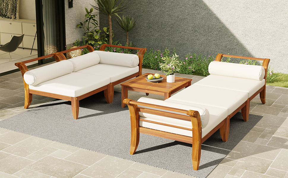 6 Piece Acacia Wood Outdoor Modular Sectional with Daybed and Tea Table