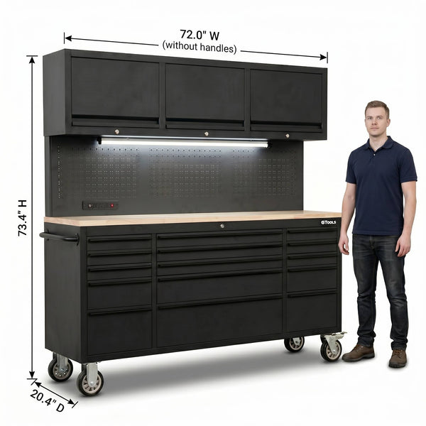 72 inch Rolling Tool Chest with Light & Power Strips, Workbench, Upper Cabinets & Pegboard