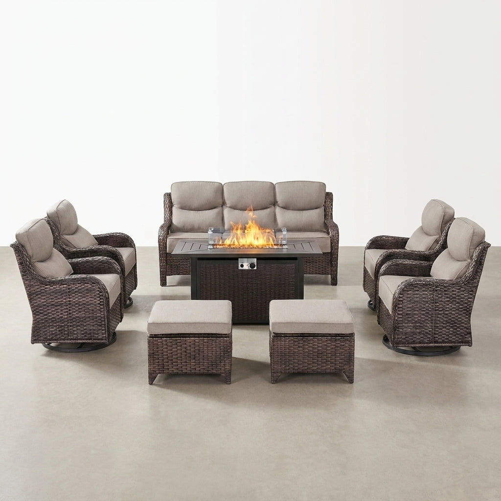 Outdoor Patio Furniture Set Built to Last, Fire Pit Table, Swivel Chairs, 6-Inch Thick Cushions — Studio Shot