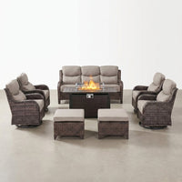 Outdoor Patio Furniture Set Built to Last, Fire Pit Table, Swivel Chairs, 6-Inch Thick Cushions — Studio Shot