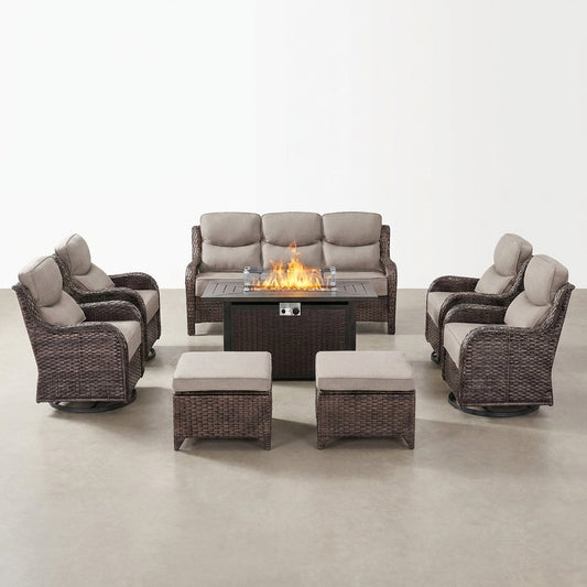 Outdoor Patio Furniture Set Built to Last, Fire Pit Table, Swivel Chairs, 6-Inch Thick Cushions — Studio Shot