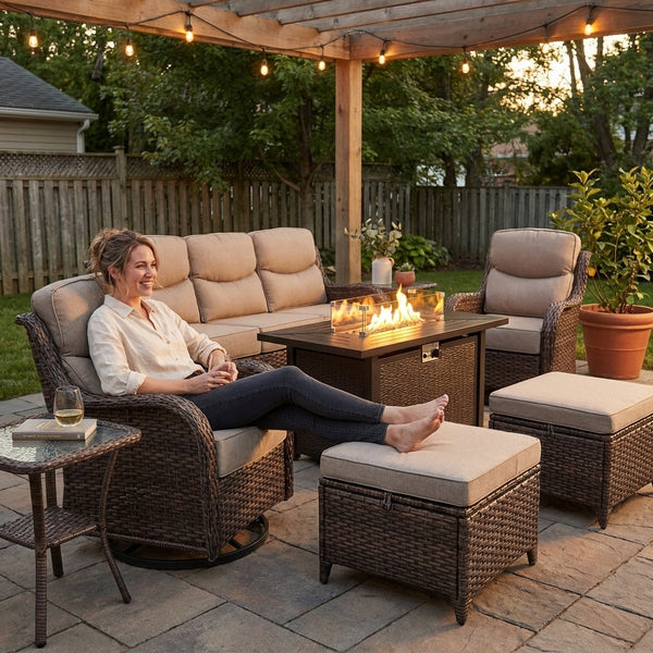 Outdoor Patio Furniture Set Built to Last, Fire Pit Table, Swivel Chairs, 6-Inch Thick Cushions