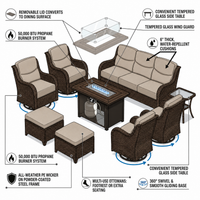 Outdoor Patio Furniture Set Built to Last, Fire Pit Table, Swivel Chairs, 6-Inch Thick Cushions