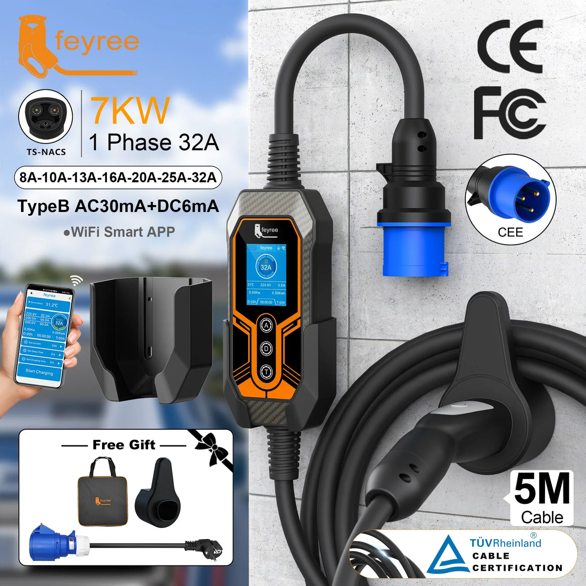 feyree TS-NACS EV Charger | 32A 7KW Portable Charger with APP Control for Tesla