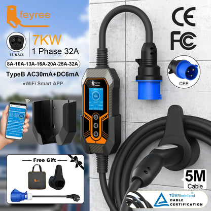 feyree TS-NACS EV Charger | 32A 7KW Portable Charger with APP Control for Tesla