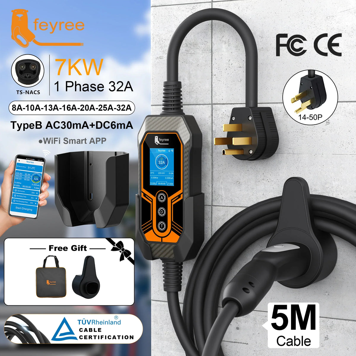 feyree TS-NACS EV Charger | 32A 7KW Portable Charger with APP Control for Tesla