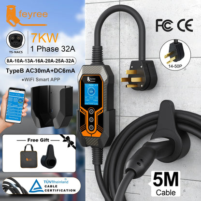 feyree TS-NACS EV Charger | 32A 7KW Portable Charger with APP Control for Tesla