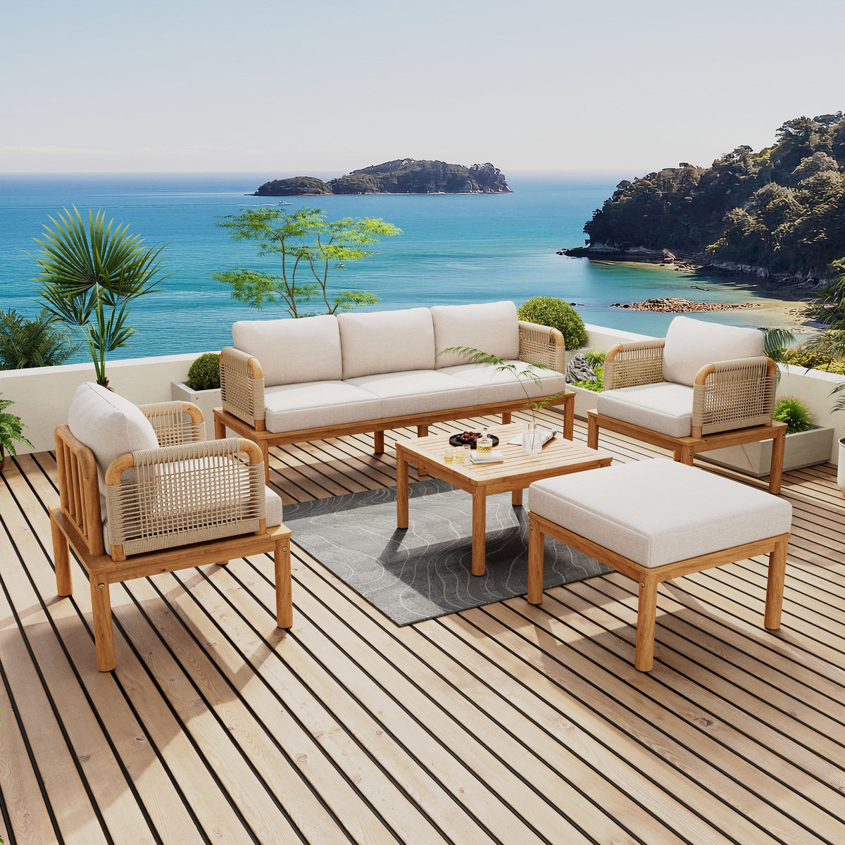 Outdoor 5-Piece Acacia Wood and Rope Patio Sofa Set