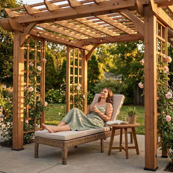 Cedar Wood Pergola Built for Outdoor Shade, 10x10 Traditional Design, All Cedar Construction, Ground Anchors