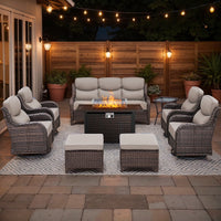 9-Piece Outdoor Patio Furniture Set with Fire Pit Table,Swivel Chairs and 6" Thick Cushions,Sectional Sofa and Ottomans,Patio Conversation Set for Porch Deck Garden Backyard