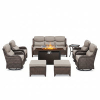 Outdoor Patio Furniture Set Built to Last, Fire Pit Table, Swivel Chairs, 6-Inch Thick Cushions
