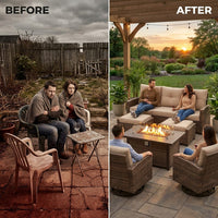 7 Piece Outdoor Patio Furniture Set, Patio Furniture Set with Fire Pit Table Rattan Wicker Patio Furniture Set, Brown Wicker & Beige Cushion — Before & After