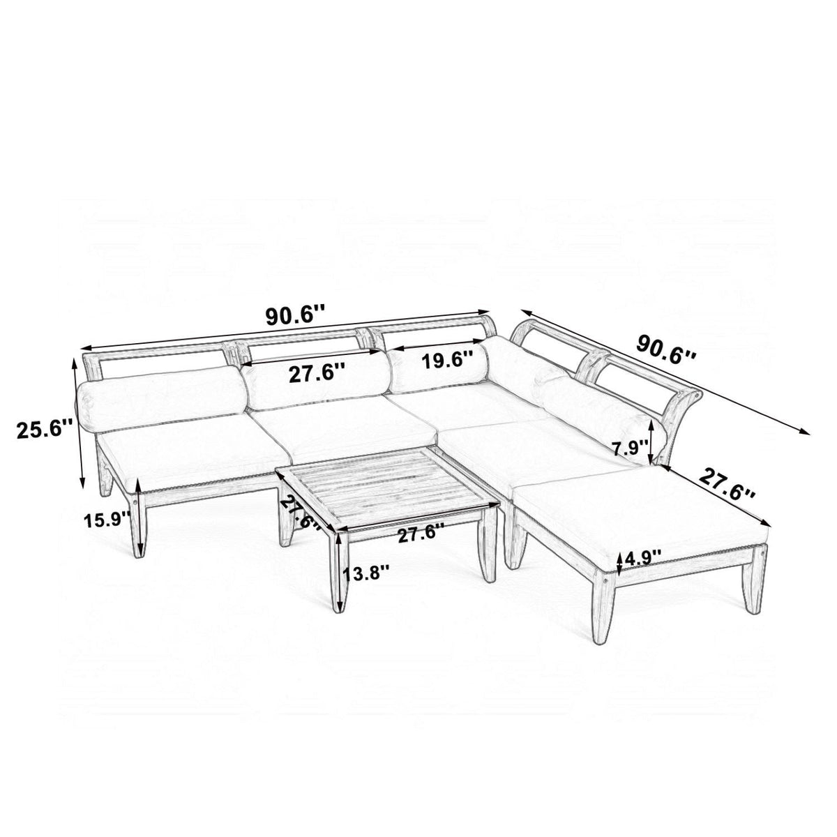 6 Piece Acacia Wood Outdoor Modular Sectional with Daybed and Tea Table