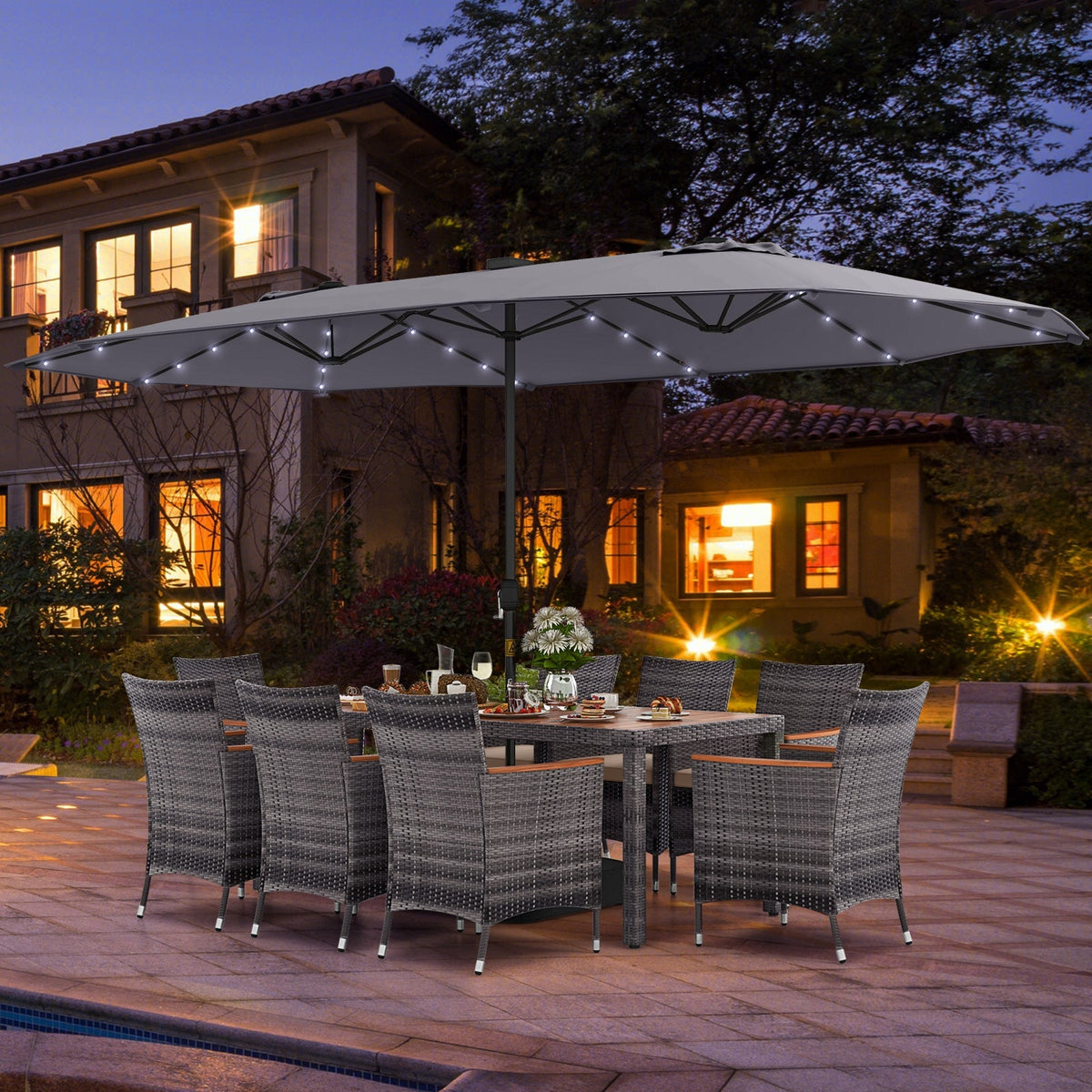 11 Pieces Patio Dining Set with 15 Feet Double-Sided Patio Umbrella Base Included